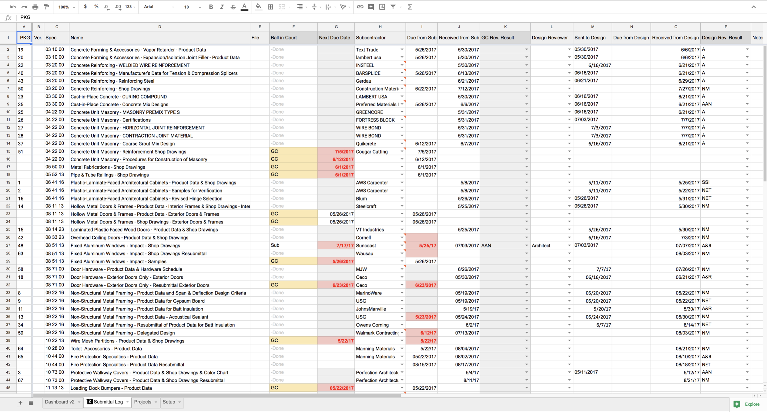 Submittals spreadsheet log